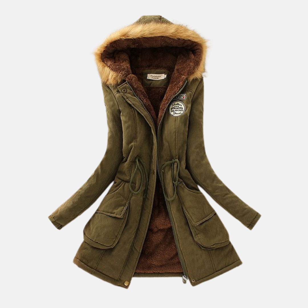 Women’s Parka Coat – Sherpa Lined – Faux Fur Hood – Drawstring Waist – Mid Thigh