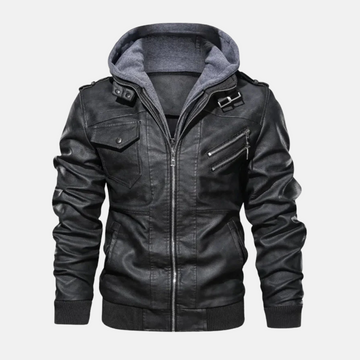 Men’s Leather Jacket – Structured Fit – Detachable Hood – Stand Collar – Zipper Closure