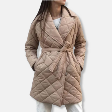 Women’s Quilted Coat – Tailored Fit – Mid-Length – Belted Waist – Notched Lapel