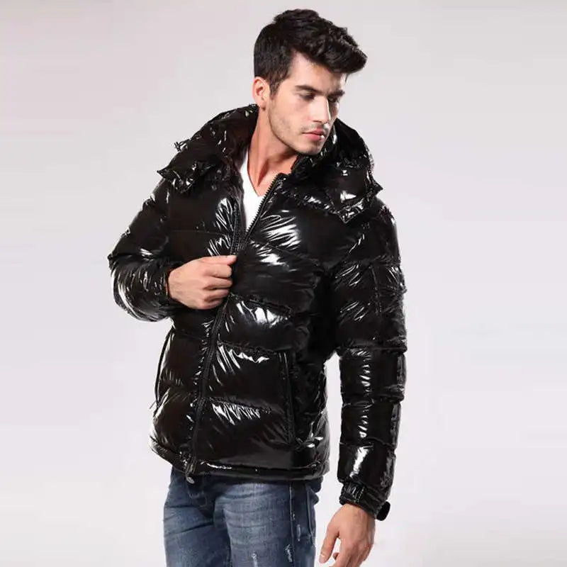 Men's glossy puffer jacket for a bold winter statement