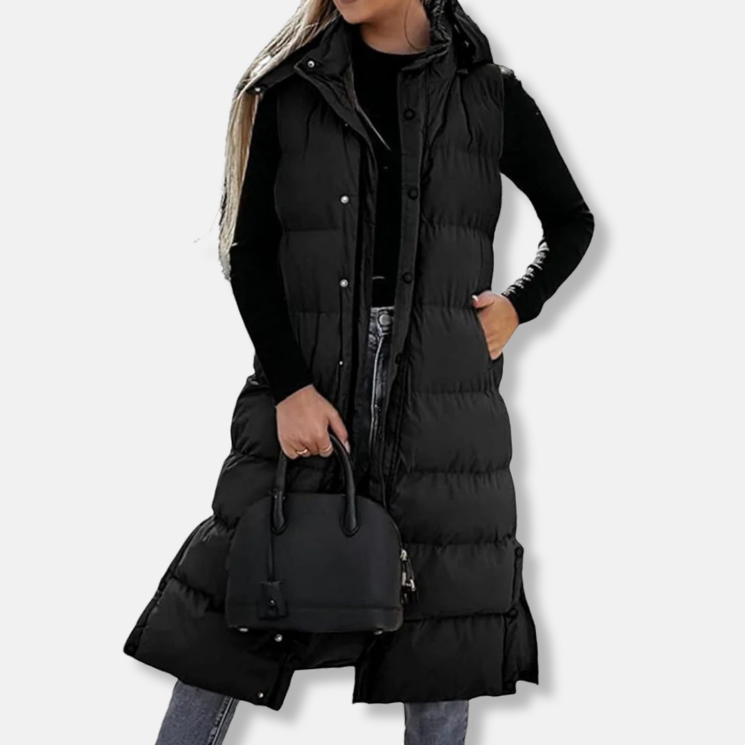 Women’s Long Vest – Quilted Hooded Design – Relaxed Fit – Sleeveless Zip Front Layering
