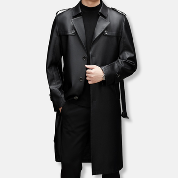 Men’s Trench Coat – Slim Fit Leather – Long Length – Single-Breasted – Epaulettes