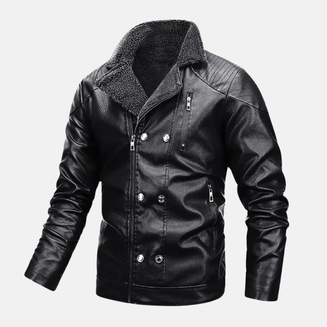 Men’s Faux Leather Jacket – Structured Fit – Shearling Lined – Quilted Shoulders