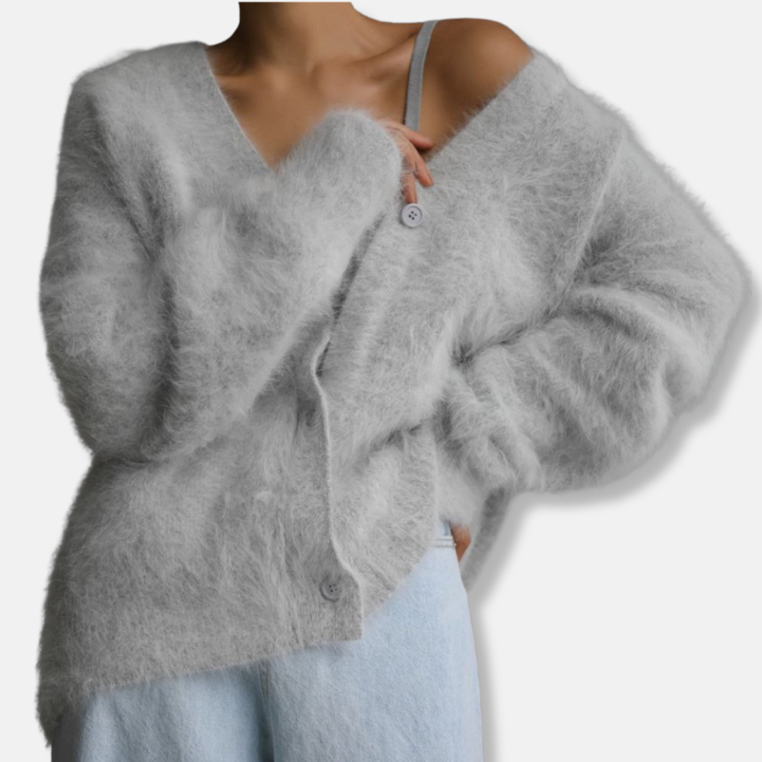 Women’s Cardigan - Mohair Blend - Oversized Relaxed Fit - V-Neck - Button Closure