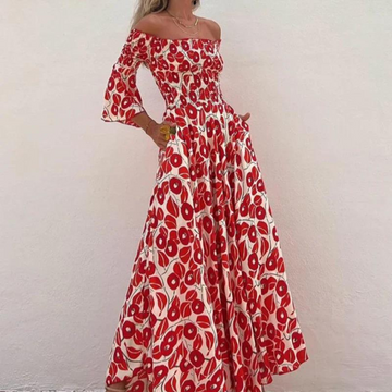 Women's Off-Shoulder Maxi Dress - Three-Quarter Sleeves - Floral Print Elegant Fit