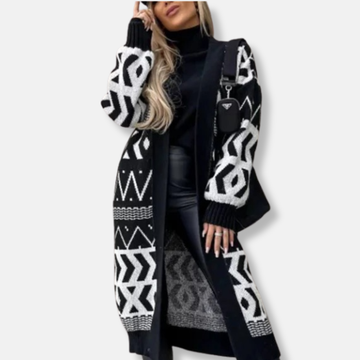 Women’s Long Cardigan – Loose Fit – Jacquard Knit – Geometric Pattern – Open Front