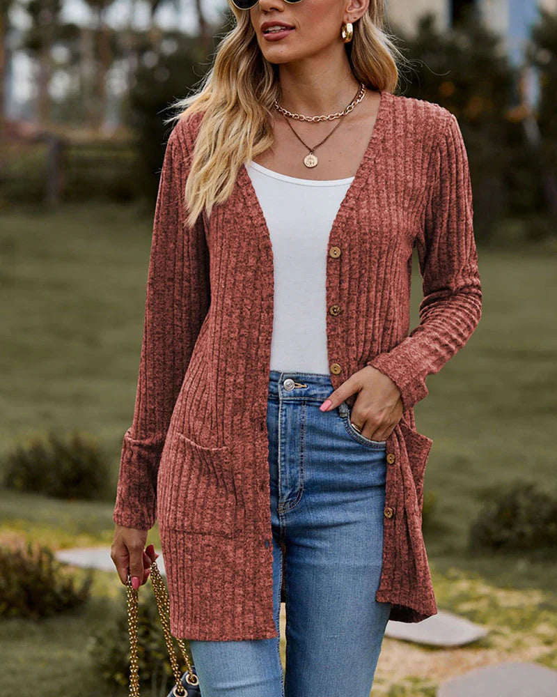 Women’s Cardigan – Relaxed Fit – Ribbed Knit – Button Front – Mid-Thigh Length – Pockets