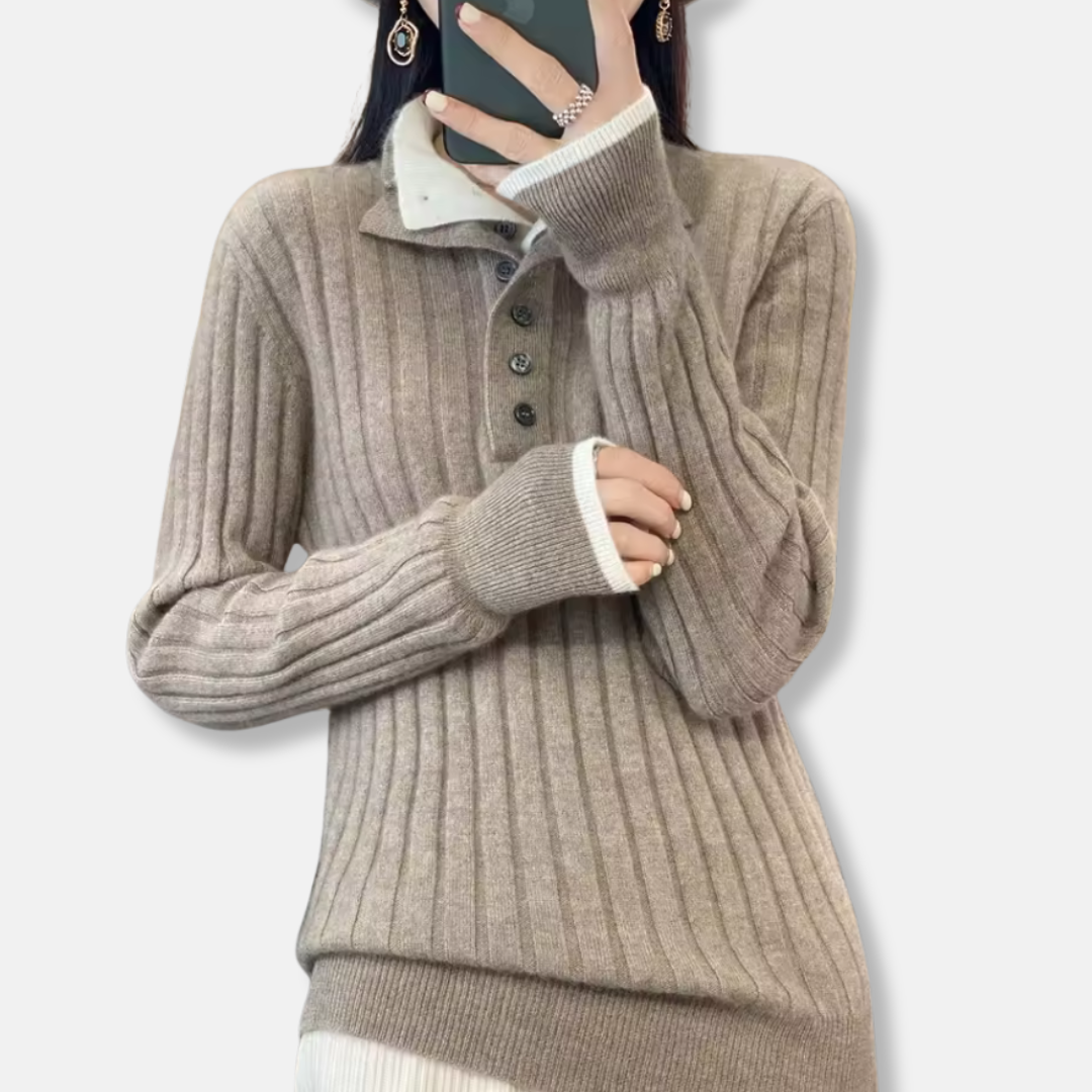 Women’s Knit Pullover Top - Ribbed Knit - Polo Collar - Button Placket