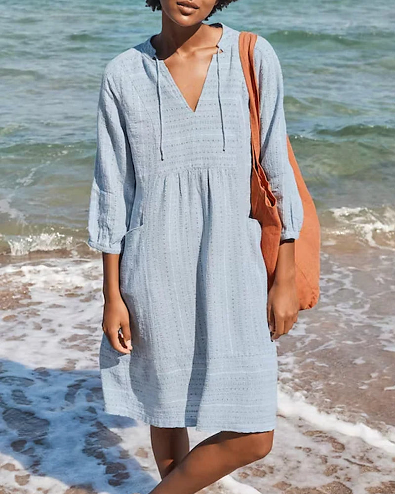 Women's Beach Cover-Up Dress - Lightweight Relaxed Fit - V-Neck 3/4 Sleeve