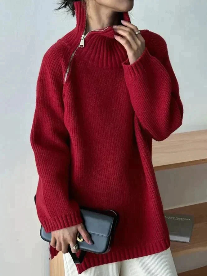 Women's turtleneck sweater with zippered side slits