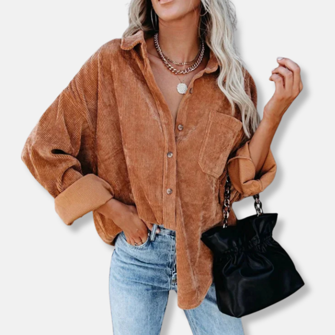Women’s Shirt - Corduroy - Oversized - Lapel Collar - Long Sleeves