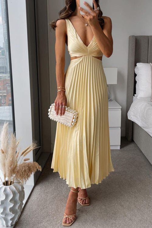 Women's Midi Dress - Deep V-Neck - Sleeveless Pleated A-Line - Elegant Formal Wear