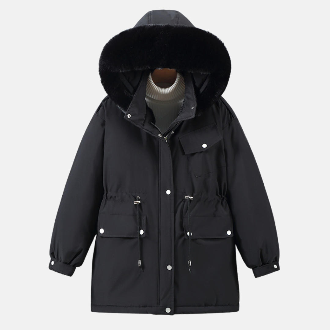 Women’s Parka Jacket – Relaxed Fit – Water-Resistant – Faux Fur Trim Hood – Mid-Length