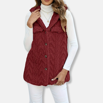 Women’s Hooded Vest – Fuzzy Knit – Button Front – Relaxed Fit – Chest Pockets
