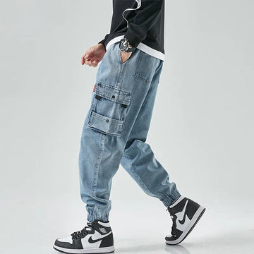 Men's denim cargo joggers with functional cargo pockets