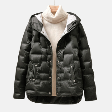 Women’s Puffer Jacket - Woven Shell - Relaxed Fit - Attached Hood - Snap Button Closure