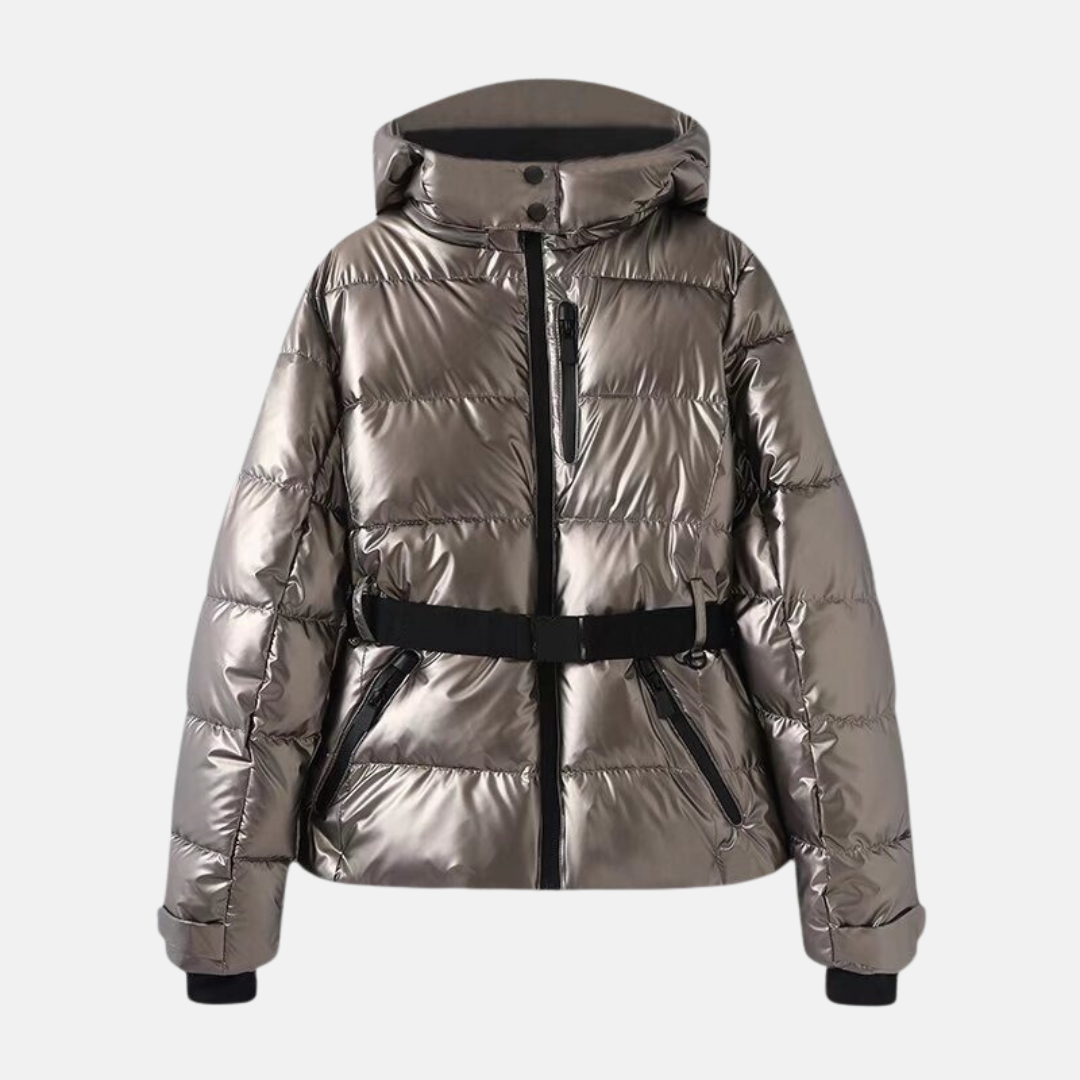 Women’s Puffer Jacket – Quilted Insulated – Belted Waist – Hooded High Collar