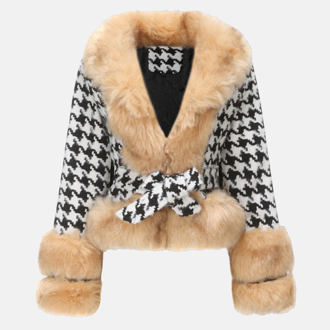 Women’s Short Coat – Houndstooth Pattern – Plush Fur Trim – Tailored Belted Fit