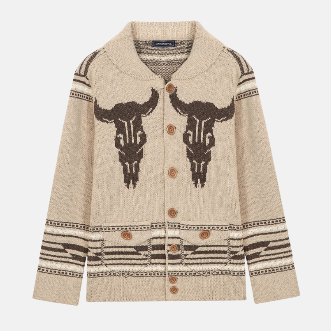 Men’s Jacket - Wool - Shawl Collar - Hip Length - Bull Skull Pattern