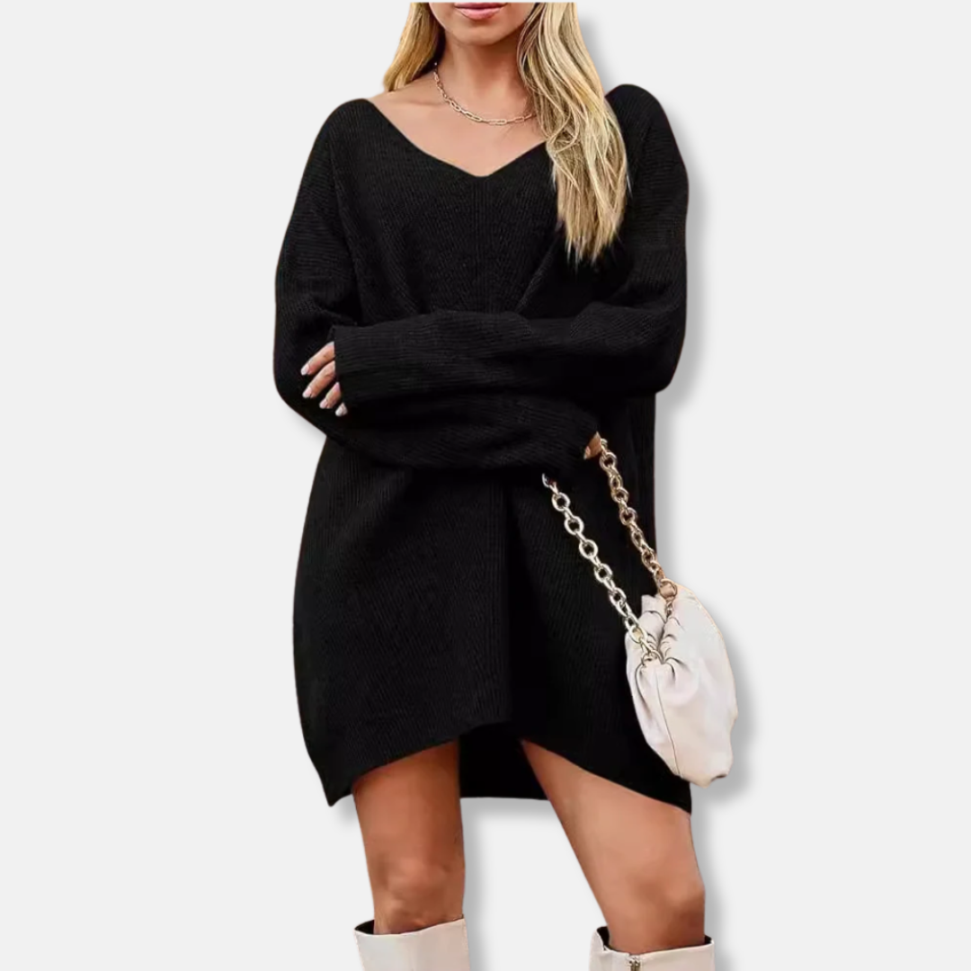 Women’s Dress - Acrylic Blend - V-Neck - Ribbed Knit - Mini Length