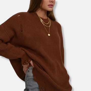 Women’s Mini Dress – Oversized Fit – Ribbed Knit – Balloon Sleeves – Distressed Hem