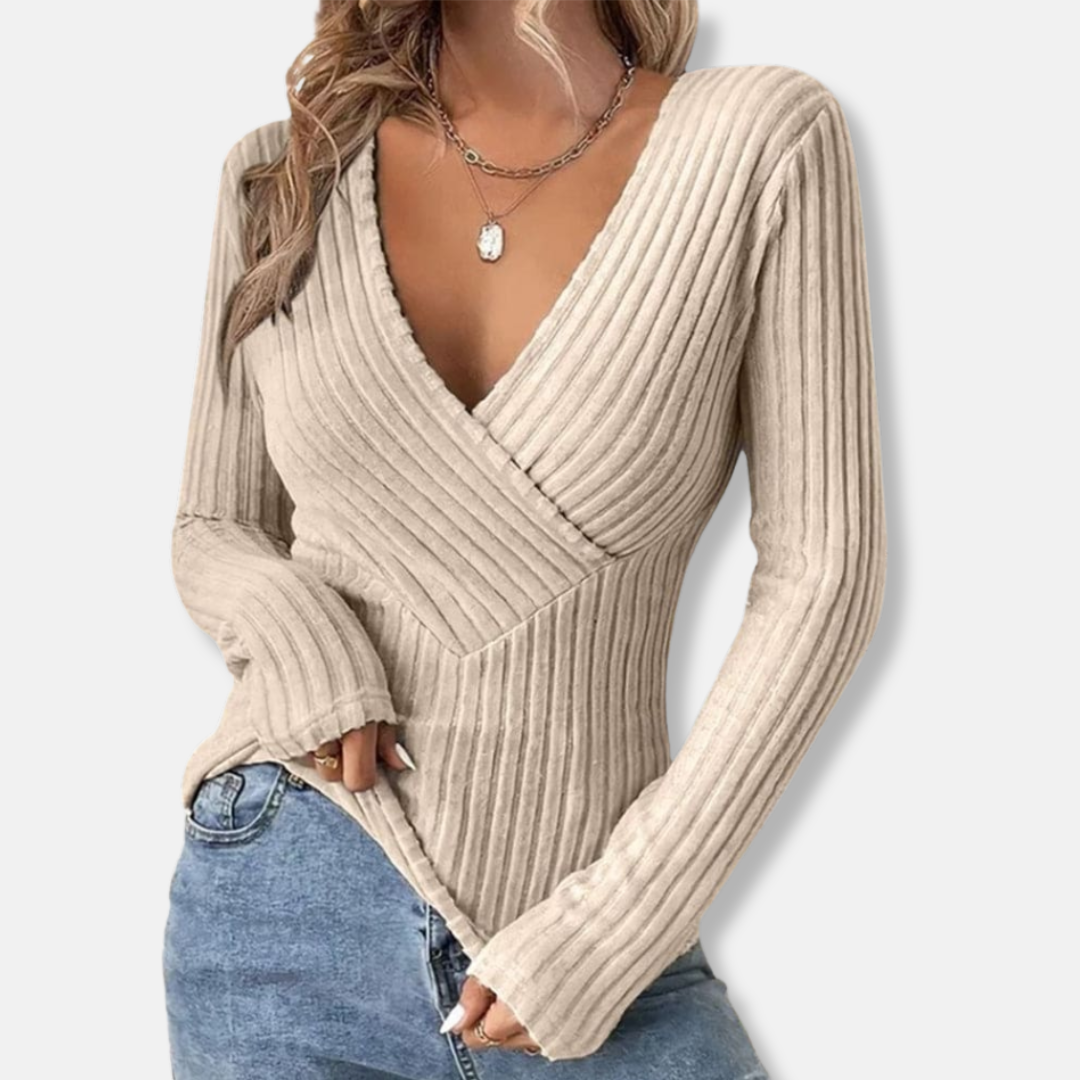 Women's Ribbed Knit Top - Deep V-Neck - Fitted Wrap Design - Long Sleeve