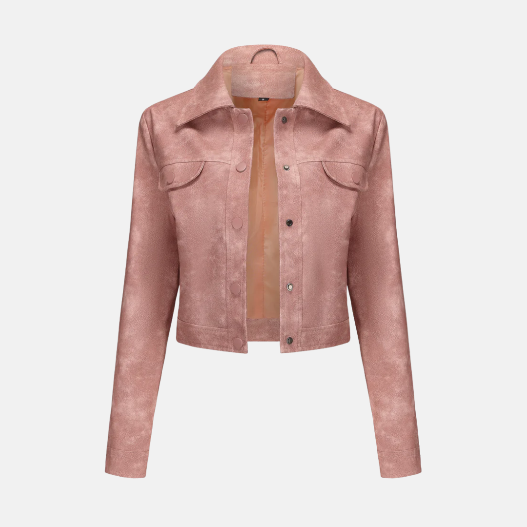Women’s Jacket – Cropped Length – Structured Fit – Woven Texture – Snap Button Front