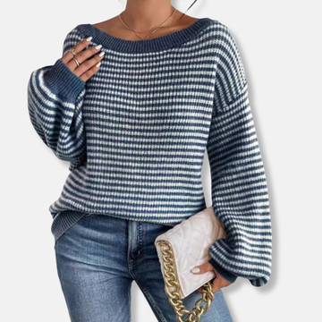 Amelia Loose Fit Sweater | Boat Neck Striped Hip-Length Sweater