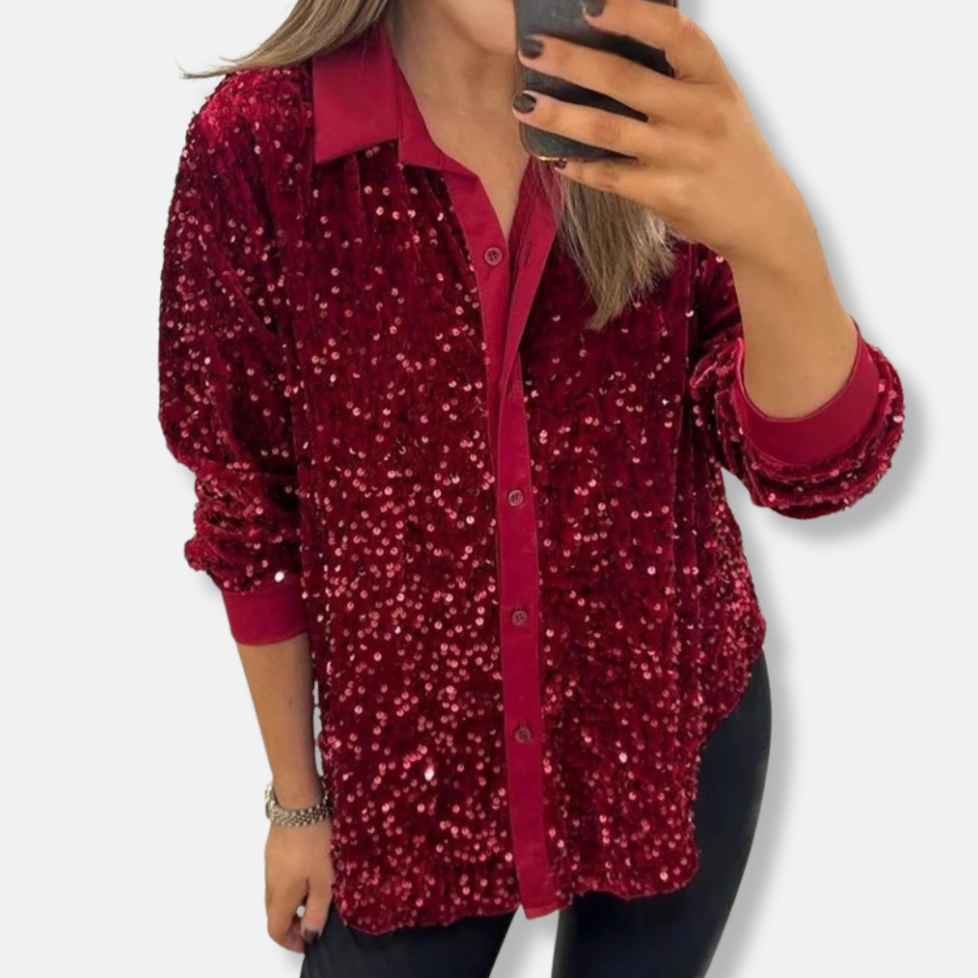 Women’s Sequin Shirt – Relaxed Fit – Button-Up – Long Sleeve Party Wear