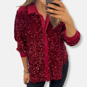Women’s Sequin Shirt – Relaxed Fit – Button-Up – Long Sleeve Party Wear