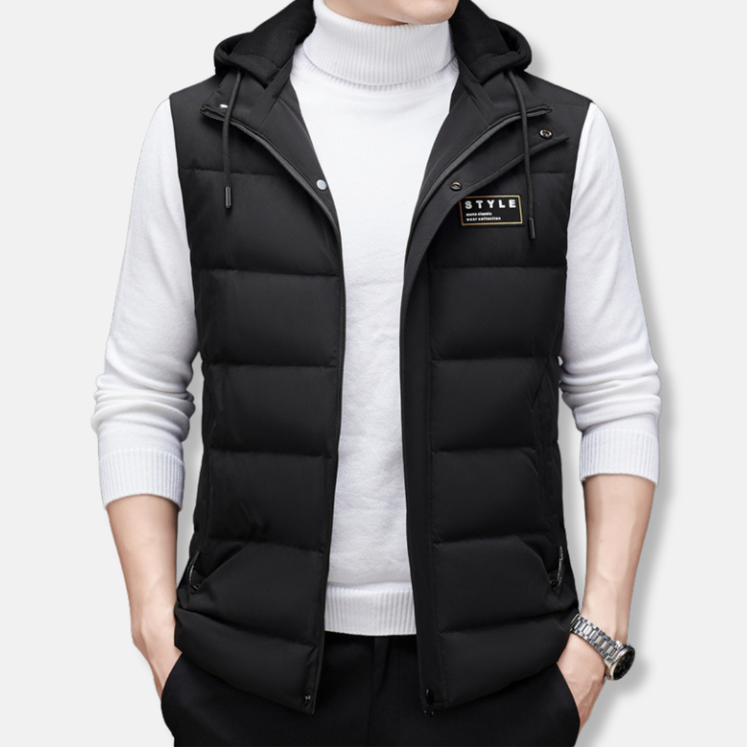 Men’s Hooded Vest – Quilted Down – Regular Fit – Sleeveless Zip Front Layer