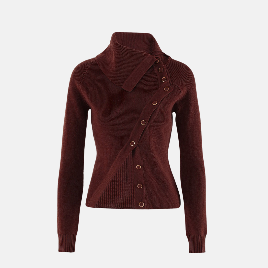 Women’s Knitwear Top – Slim Fit – Ribbed Wool Blend – Asymmetrical Collar – Long Sleeve