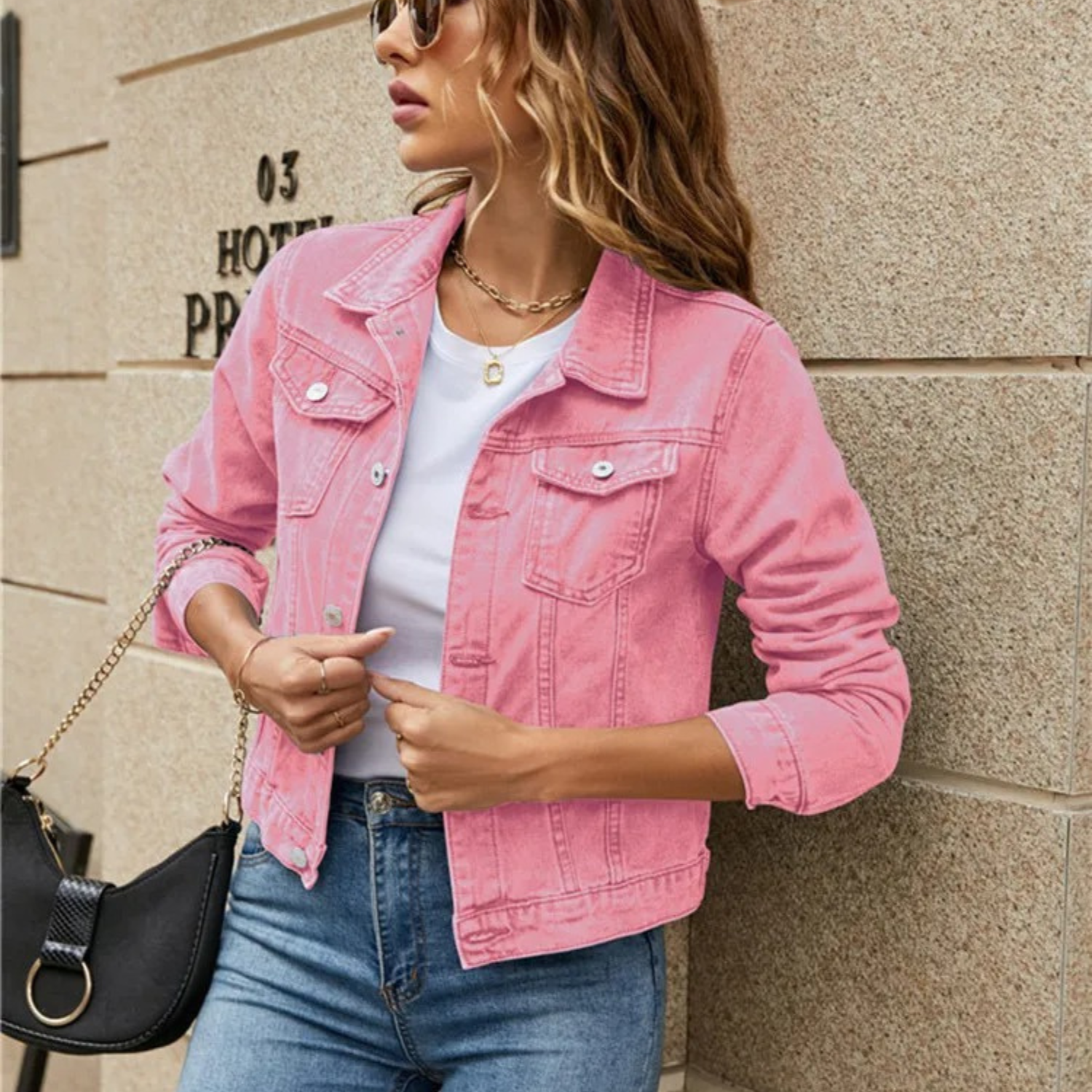 Bella - Women's Denim Jacket with Lapel Collar