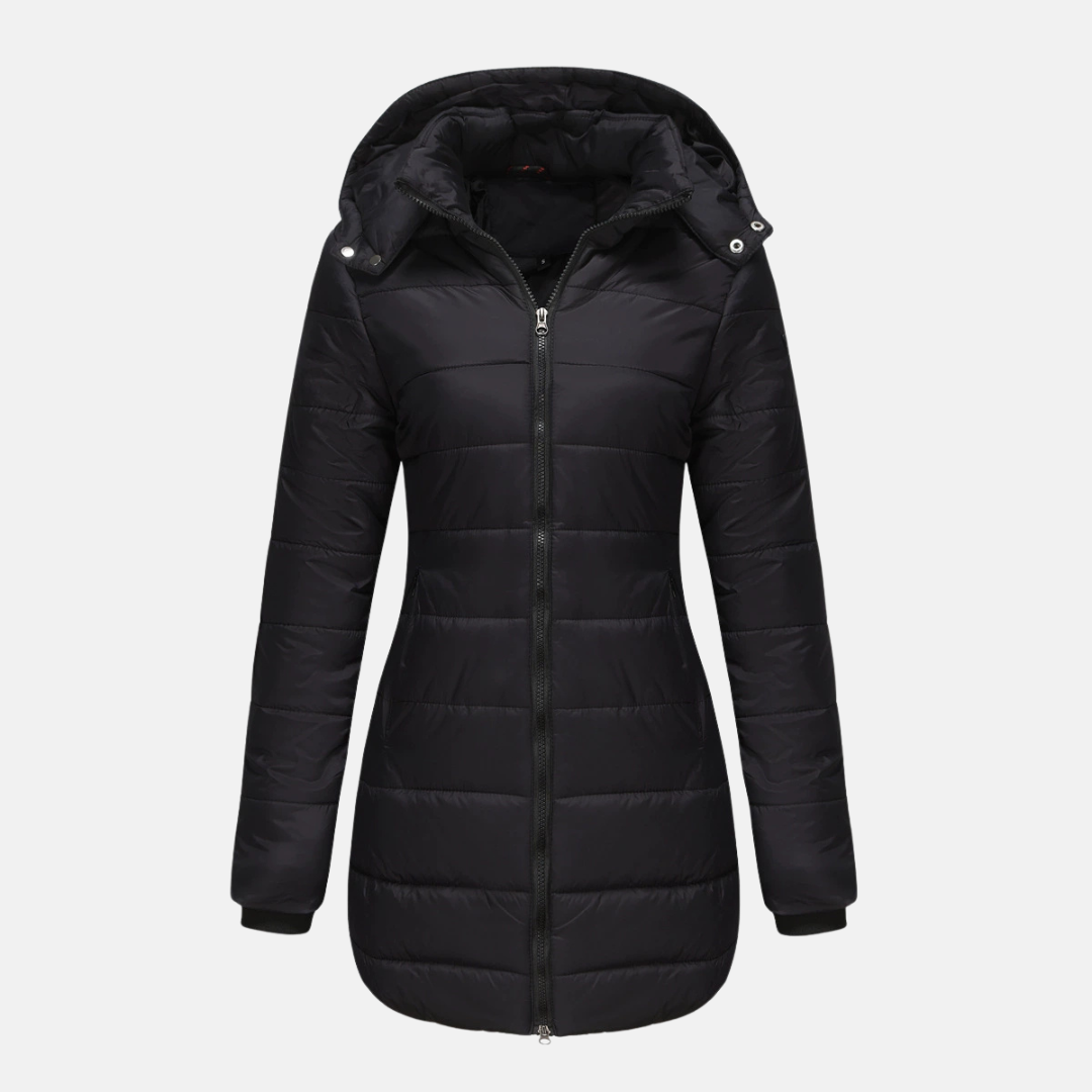Women’s Puffer Jacket – Quilted Insulated Padding – Detachable Hood – Mid-Length Fit