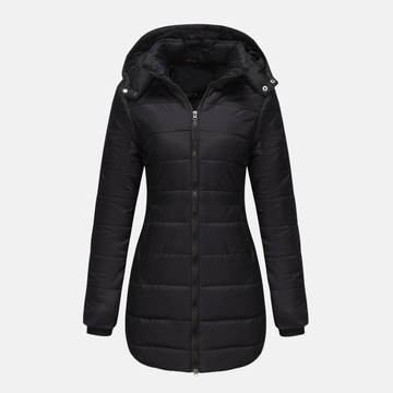 Women’s Puffer Jacket – Quilted Insulated Padding – Detachable Hood – Mid-Length Fit