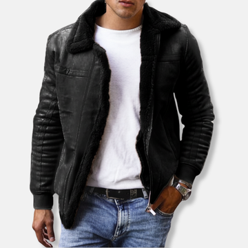 Oliver Faux Fur Shearling Bomber Jacket | Collared Hip-Length Solid Jacket