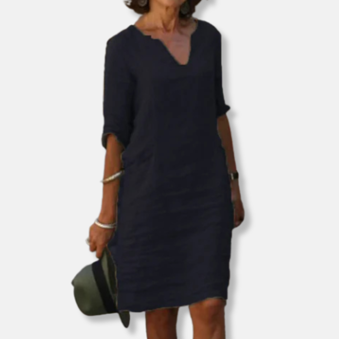 Women's Knee-Length Dress - Lightweight Cotton Blend - V-Neck - Relaxed Fit - Mid Sleeves