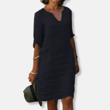 Women's Knee-Length Dress - Lightweight Cotton Blend - V-Neck - Relaxed Fit - Mid Sleeves