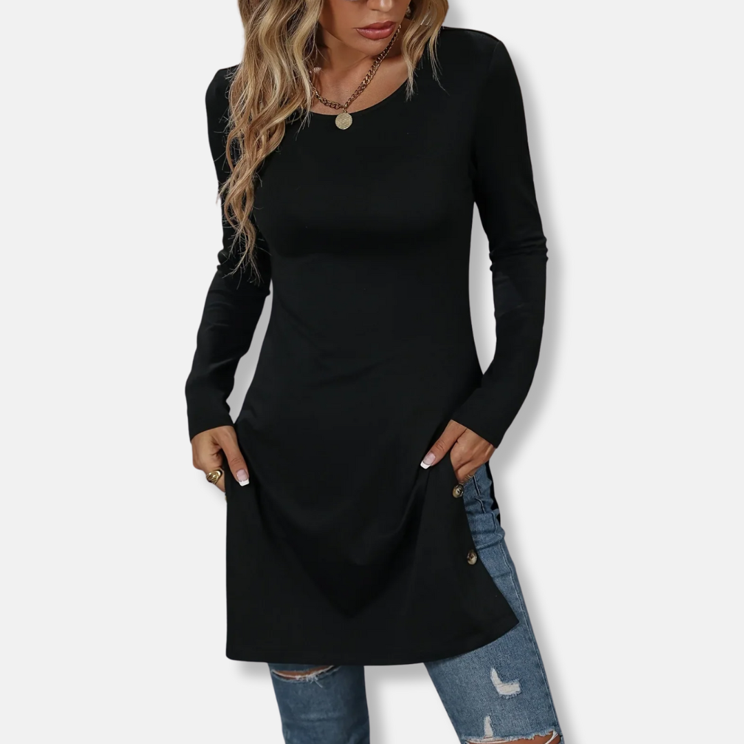 Women’s Tunic Top - Stretch Knit - Slim Fit - Long Sleeves - Side Splits