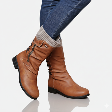 Isabella Leather Slouchy Fashion Boots | Buckle Detail Mid-Calf Boots