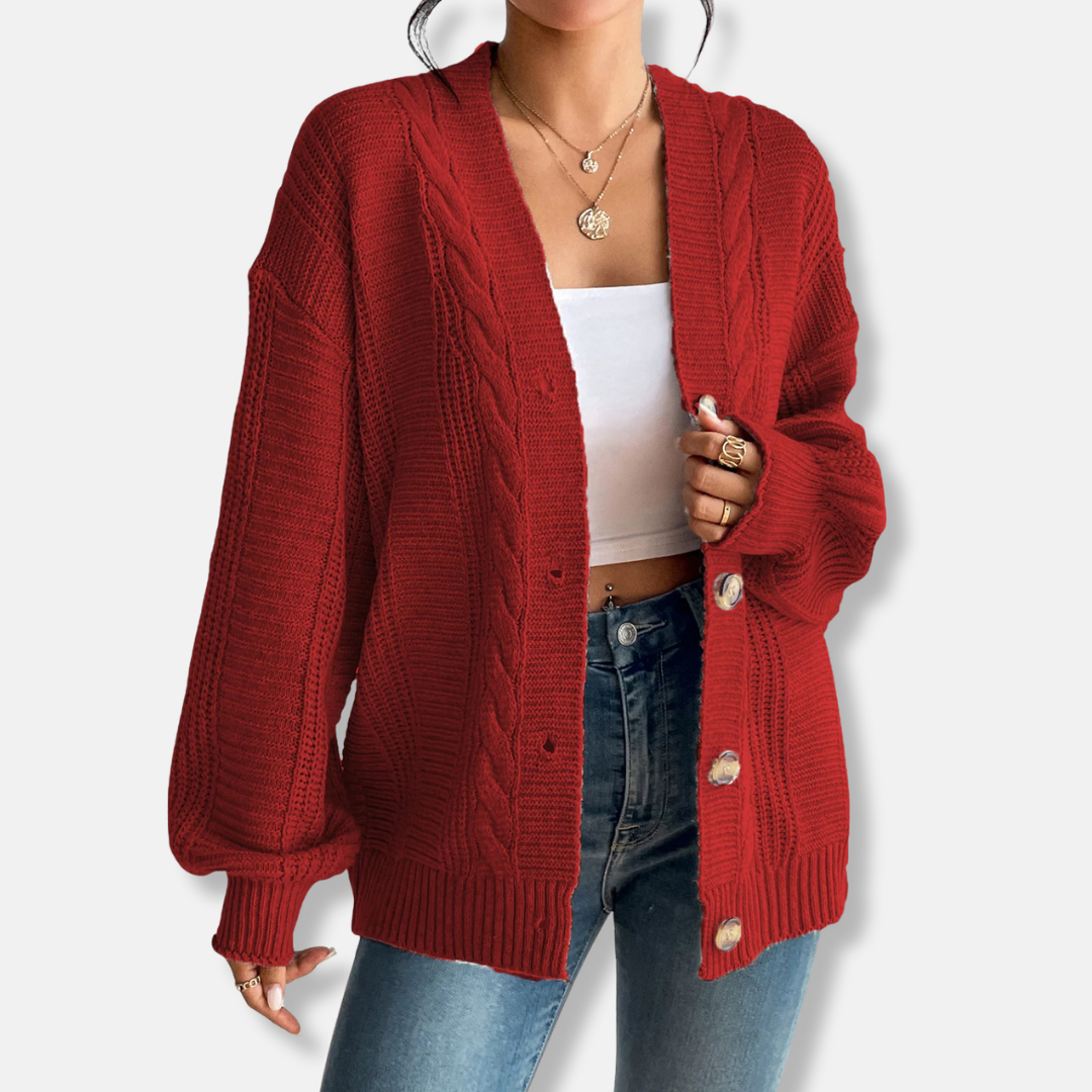 Women’s Cardigan Jacket – Wool Knit – Cable Knit – Oversized Fit – Button Front