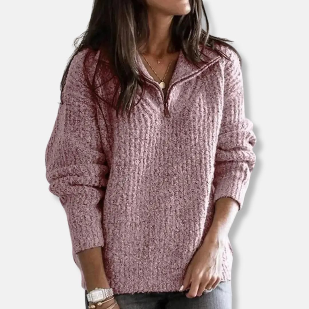 Women’s Half-Zip Sweater – Relaxed Fit – Chunky Knit Wool – Ribbed Hem – Casual Wear