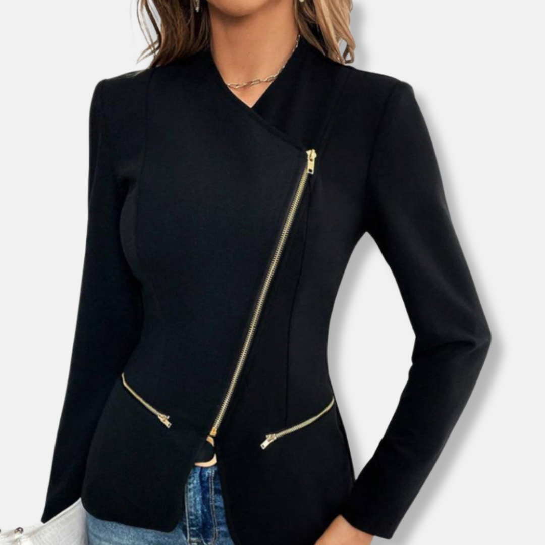 Francesca Cotton Asymmetrical Zip Jacket | Fitted Collarless V-Neck Jacket