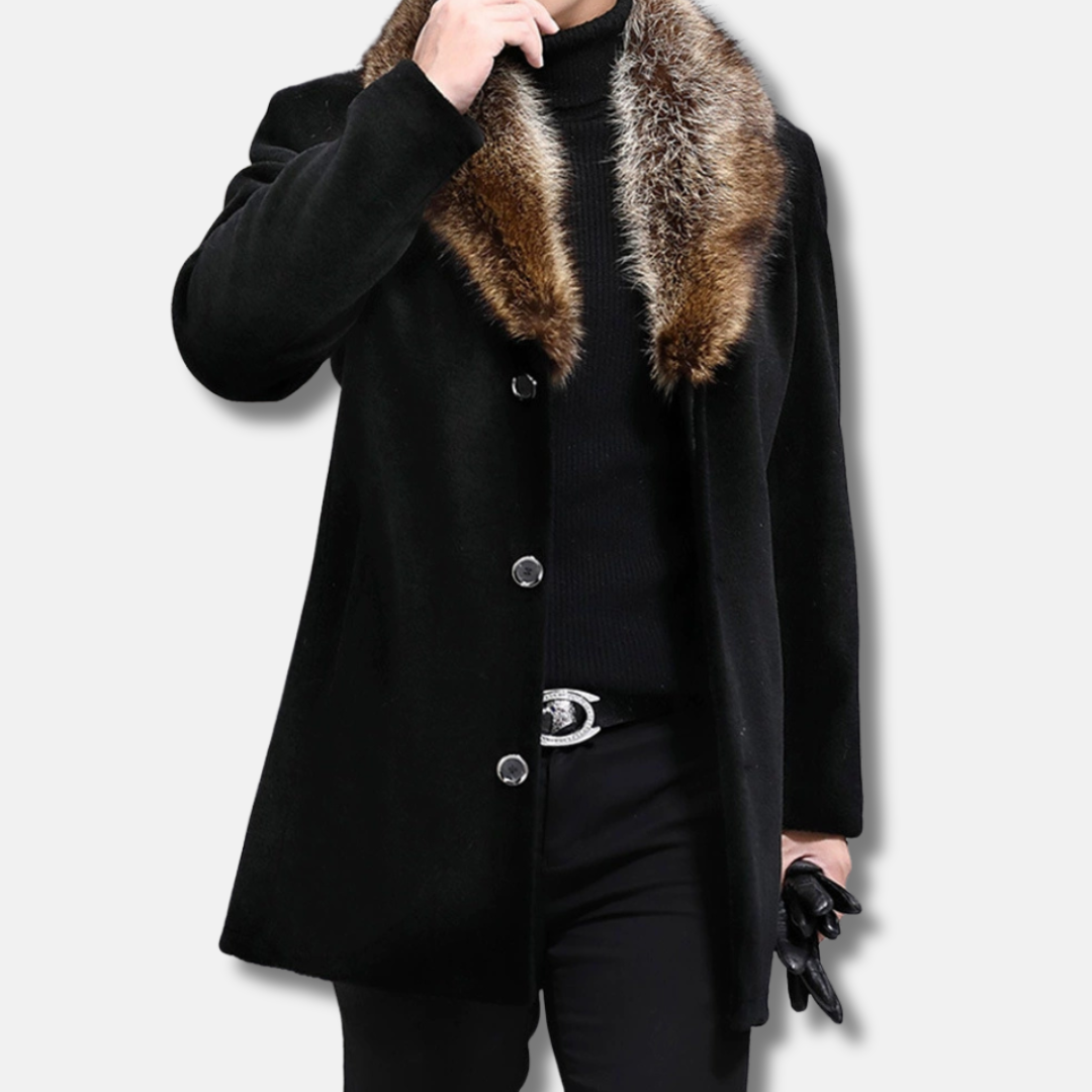 Men’s Mid-Length Coat – Structured Fit – Wool Blend – Shaggy Fur V-Collar – Button Closure