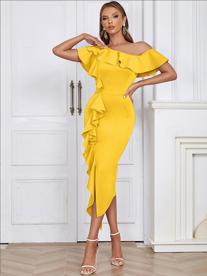 Women's Off-Shoulder Midi Dress - Ruffle Detail - Form-Fitting Elegant Wear