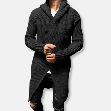 Men’s Longline Cardigan – Relaxed Fit – Chunky Knit Wool – Hooded Shawl Collar