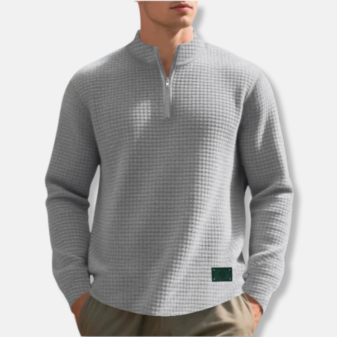 Men’s Sweater – Regular Fit – Textured Waffle Knit – Mock Neck Quarter Zip – Long Sleeve