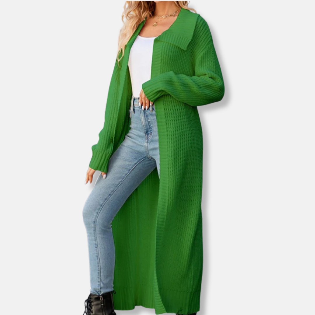 Women’s Maxi Cardigan – Loose Fit Knit – Open Front – Wide Lapel – Wool Blend