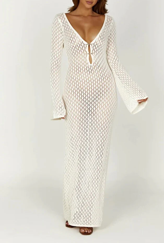 Women's Crochet Maxi Dress - Long Sleeve - Deep V-Back - Elegant Boho Style