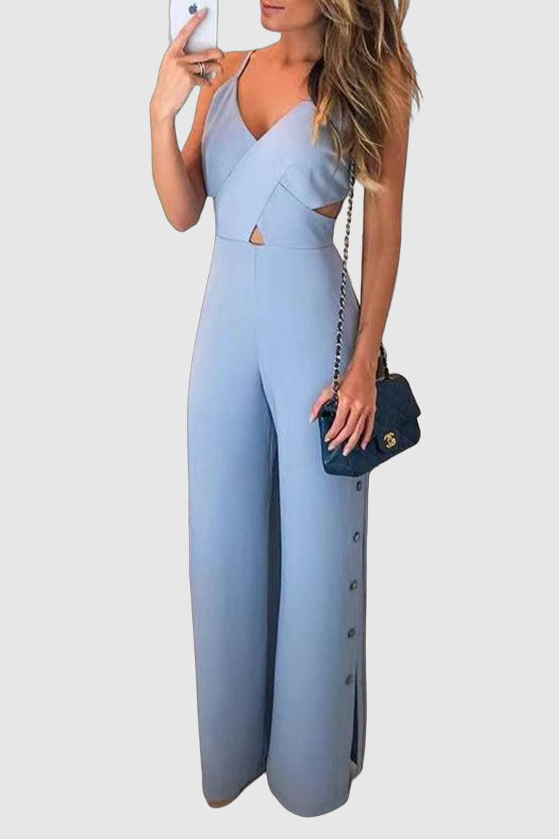 Callie - Buttons Slit V-Neck Regular Jumpsuits